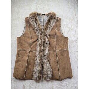 Orvis Plush FauxFur Faux Shearling Suede Vest Womens Large Tan Cozycore Gorpcore